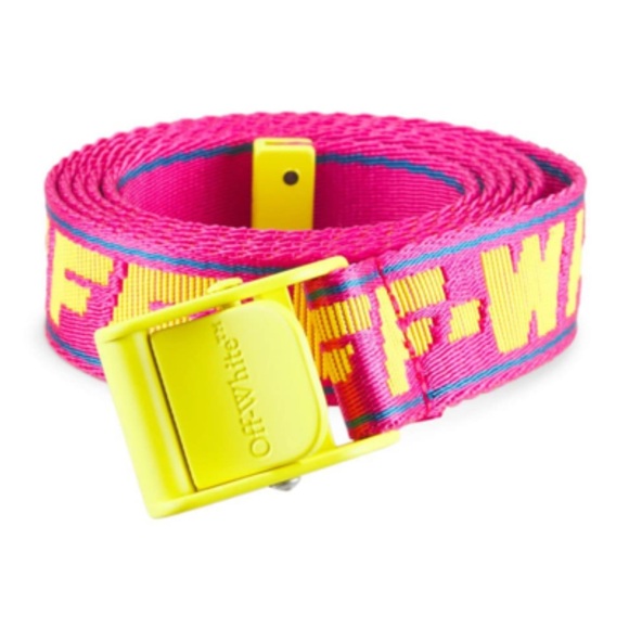 NWT OFF WHITE 2.5 Industrial Jacquard Mini Fuchsia Pink Yellow Adjustable Belt - Picture 2 of 7